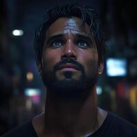 Man looking up in a vibrant urban setting at night while contemplating life photo