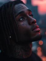 Young man gazing upwards against a colorful urban sunset photo
