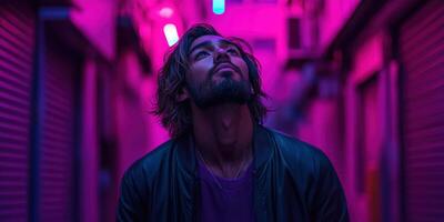 Man gazes upwards in a vibrant urban alley illuminated by neon lights photo