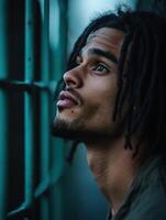 Man with dreadlocks gazes thoughtfully through barred window at dusk photo