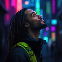 Man gazes upward in a vibrant, neon-lit city at night photo