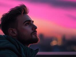 Man gazing at colorful sunset in urban setting photo