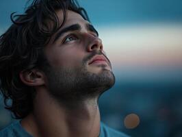Young man gazing at the evening sky in a city setting photo