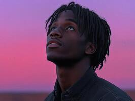 Man gazes at colorful sky during twilight in tranquil setting photo