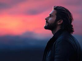 Man gazes at sunset with contemplative expression against colorful sky photo