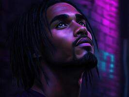 Portrait of a man looking upward in a vibrant urban setting at night photo