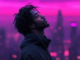 Man gazes thoughtfully at a vibrant city skyline during twilight hours photo