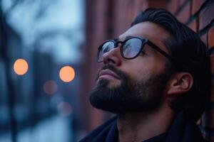 Young man gazing thoughtfully while leaning against a brick wall at dusk photo