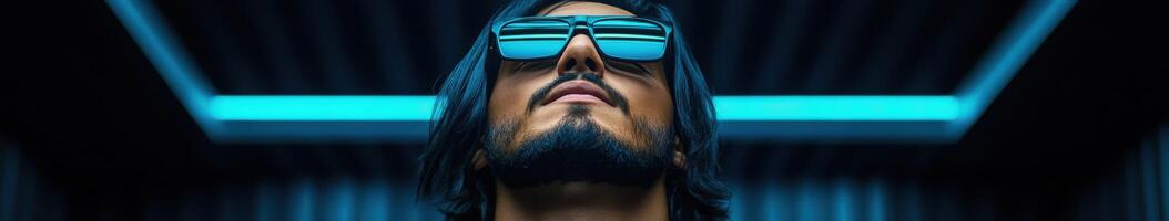 Stylish man wearing sunglasses gazes upward under neon lights photo