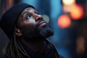 Man gazes upward in urban setting as lights illuminate the background photo