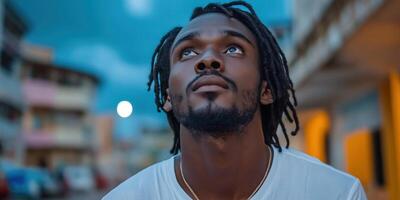 Man gazing upwards with hope in an urban setting during twilight photo