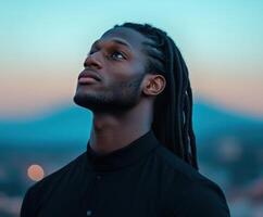 A man with long, dark hair looks up thoughtfully against a soft twilight sky photo