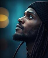Man with dreadlocks gazing upward in an urban evening setting photo