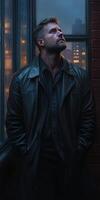 Man in leather jacket gazes upward in city at night with urban lights photo