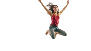 A woman jumping in the air with her arms up png