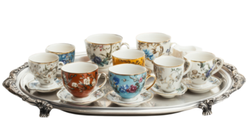 A tray with six cups and saucers on it png