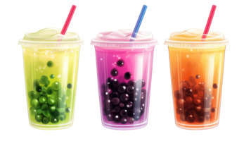 Three different colored drinks in plastic cups png