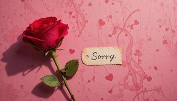 Red Flower with sorry note, Sorry Concept photo