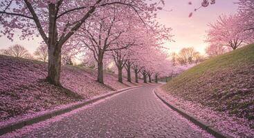 Autumn path Covered with pink flowers photo