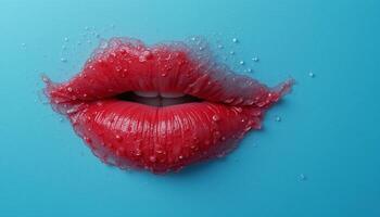 Red Lips of blue background photo