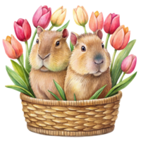 capybara in a basket with tulips png