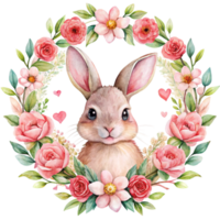 watercolor illustration of a rabbit surrounded by flowers png