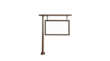 A rustic wooden sign with a blank white board, perfect for customization. It hangs from a pipe frame, ideal for shops or personal messages with a charming vintage feel. png
