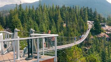 Squamish-Lillooet Canada 20.09.2024 Tourists walking across a suspension bridge in the forest. A suspension bridge stretches across a lush forest landscape, with tourists walking along the pathway. video