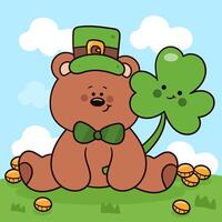 St Patrick day with teddy bear with clover shamrock kawaii animal vector