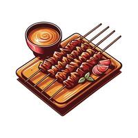 A skewered meat on a wooden tray with a cup of sauce vector