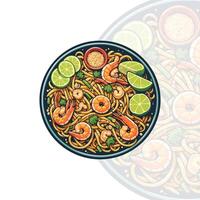 A plate of noodles with shrimp and lime slices vector