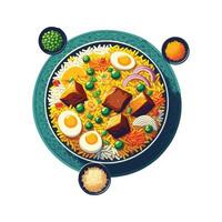A plate of food with meat, eggs and vegetables vector