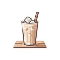 Ice cream drink with ice cubes and straw on a wooden tray vector