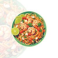 A plate of noodles with shrimp and lime vector