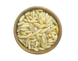 top view of natural paddy grains in wooden bowl on isolated background, raw rice seeds for agriculture, farming, and organic food concepts png
