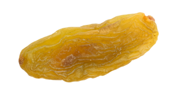 close-up of a single golden raisin on isolated background, dried fruit snack for healthy eating, wrinkled texture of dried grape, detailed macro view, isolated food item png