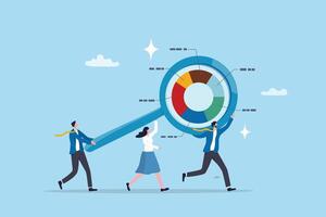 Research analysis, insight information, marketing chart diagram, optimization or analyzing data, intelligence discovery, statistics or examine concept, business people carry magnifying glass analysis. vector