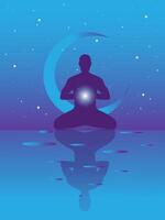 banner with meditation man on abstract violet background with stars and spheres Yoga in the universe. Man in the lotus position. Symbol of secret knowledge, harmony of soul and body. Surrealism vector
