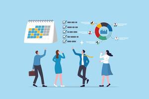 Business planning, development schedule, project management calendar or checklist, brainstorming or analyzing employee, resource management concept, business people discussing business plan schedule. vector