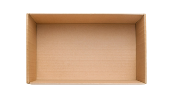 empty brown cardboard box top view isolated background, open kraft corrugated packaging container for shipping and storage png
