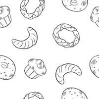 Assorted buns and bread rings black white seamless pattern isolated . Brioche, simit, croissant and bagel hand drawn monochrome linear sketch. Buns on repeated texture for packaging, textile. vector