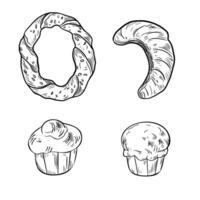 Assorted buns and bread rings black white illustration isolated. Brioche, simit, croissant and bagel hand drawn monochrome sketch. Set of buns outline for packaging, bakery, culinary. vector