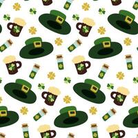 Celebratory symbols of St. Patrick s Day with green hats, beer mugs, and clovers arranged in a fun, flat design vector