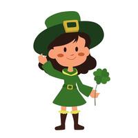 Celebrating St. Patrick s Day with festive characters holding a shamrock in green attire vector
