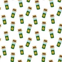 Green beverage containers with clover design arranged in a repeating pattern vector