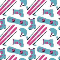 Colorful winter sports pattern featuring skis, snowboards, and accessories in playful design. Seamless pattern. . vector