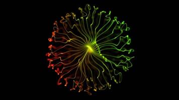 Abstract Gradient Particle Sphere with Green and Orange Radiating Lines on Black Background video
