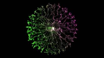 Abstract Green and Pink Gradient Particle Sphere with Radiating Lines on Black Background video