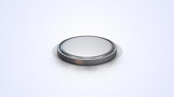 Coin Cell on a Light Reflective Floor. Lithium Battery 3D Animation. Button Cell. 4K video