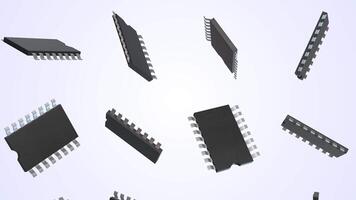 Integrated Circuit Chips Falling on a Light Background. Microchip 3D Animation. 4K video